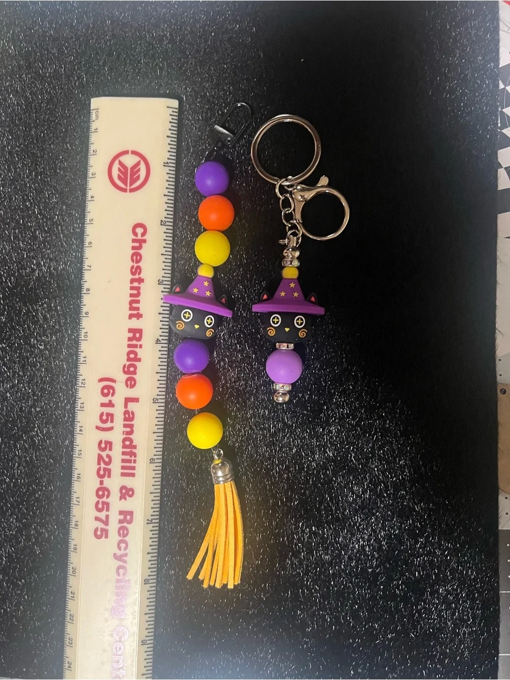 Witch Cat Bead Keychain Set — Purple, Yellow & Orange